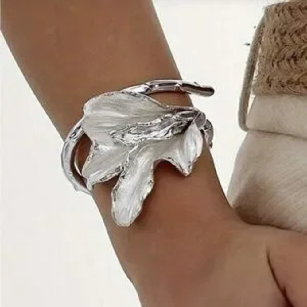 Elegant White Enamel Iris Leaf Bangle Bracelet